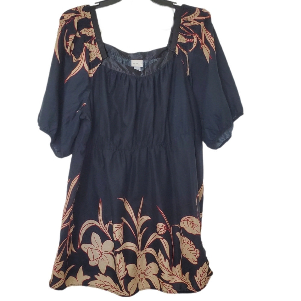 Lane Bryant Venezia Women's 1X Black Woven Cotton Tan Floral Empire Waist Top‎